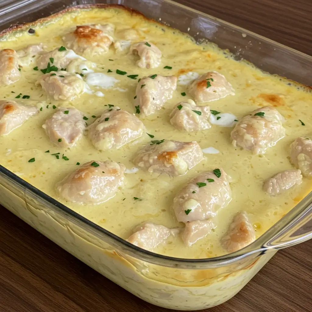 Tender baked chicken covered with smooth creamy corn sauce